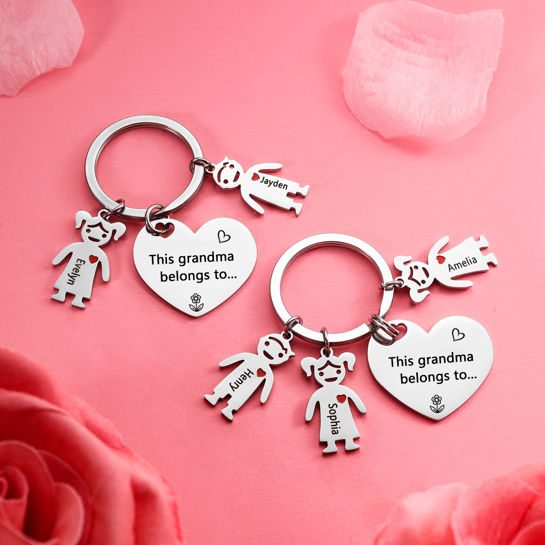 Personalised Keychain with Kid Charm Engraved 2 Names Family Keychain for Grandma-Jessemade AU