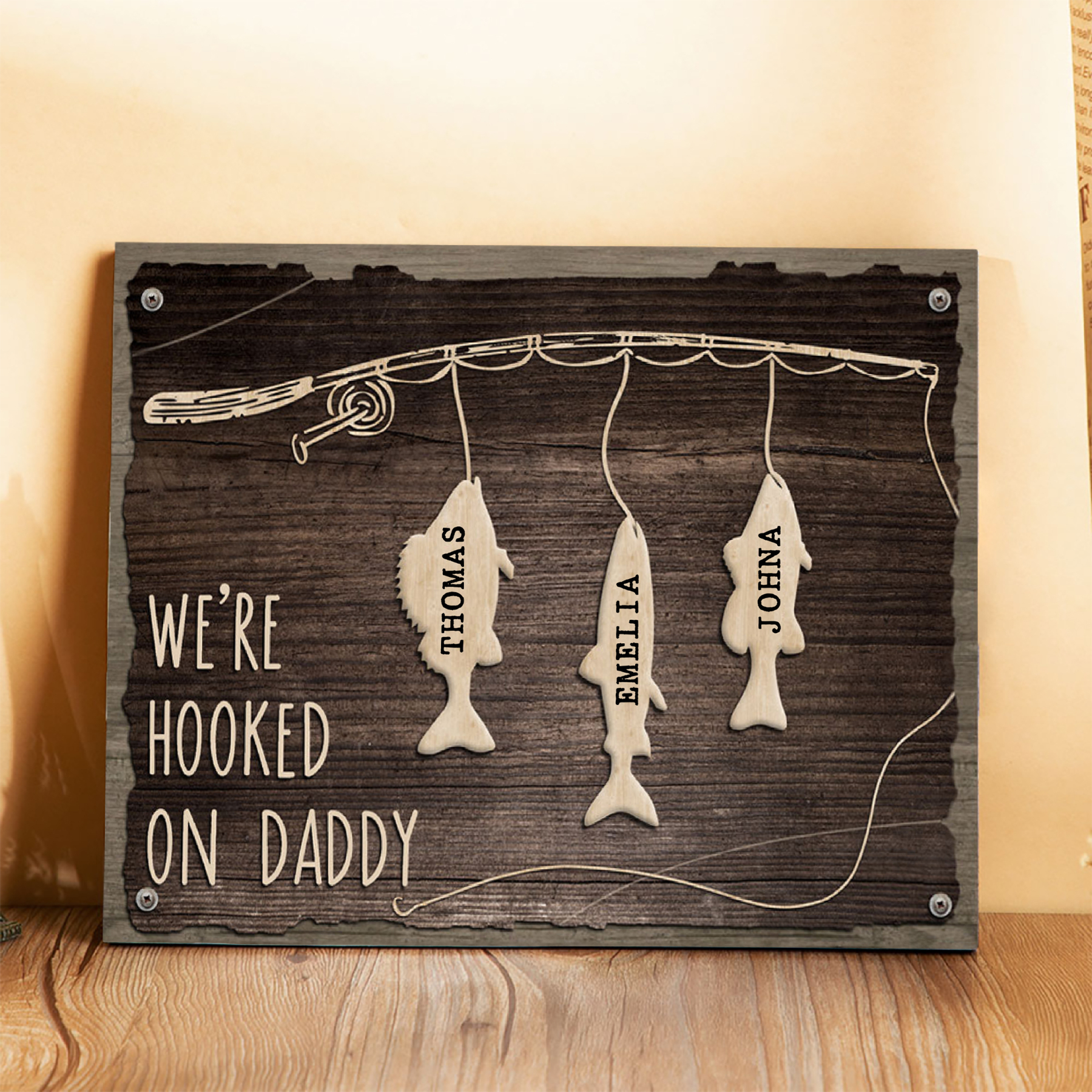 Father's Day Gifts Wood Signs Engrave 3 Names Frame Keepsake -We've Hooked On Daddy-Jessemade AU