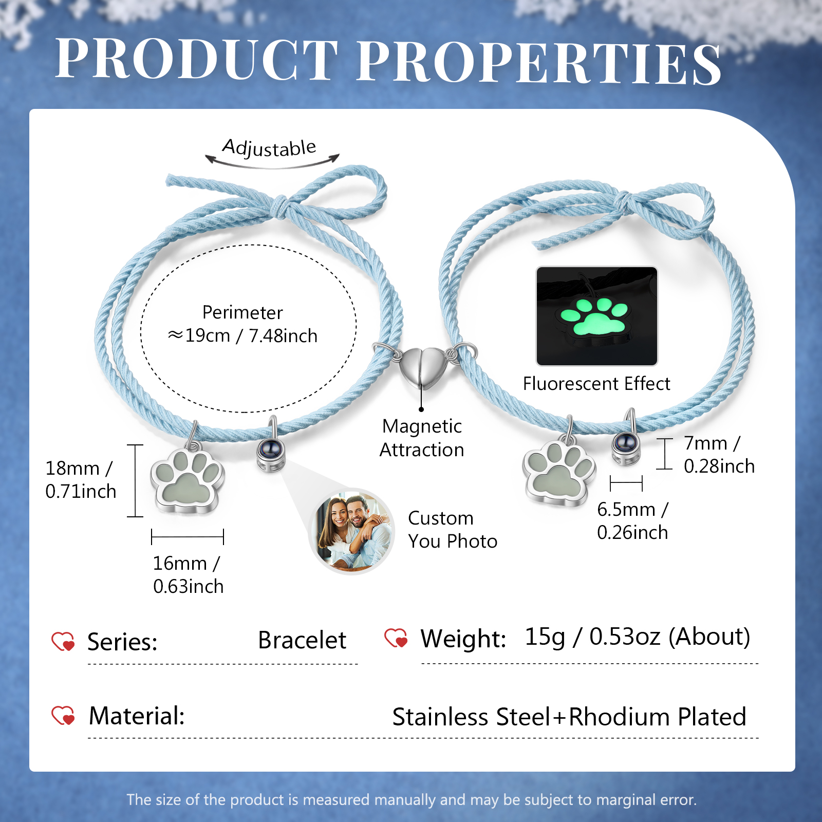 Personalised Photo Projection Bracelet Set Dog Paw Fluorescent Magnetic Bracelet Matching Gifts For Couples/Friends-Jessemade AU