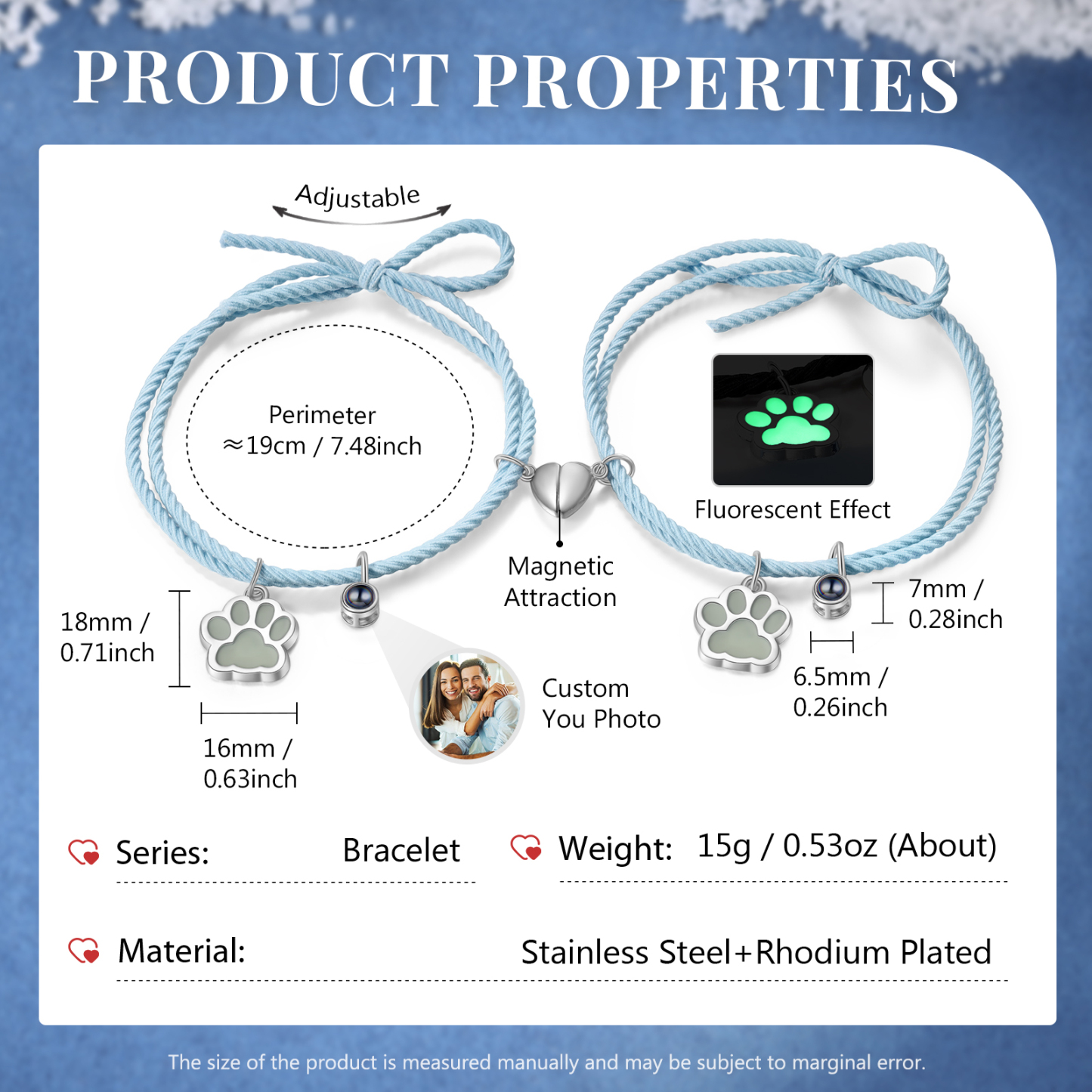 Personalised Photo Projection Bracelet Set Dog Paw Fluorescent Magnetic Bracelet Matching Gifts For Couples/Friends-Jessemade AU