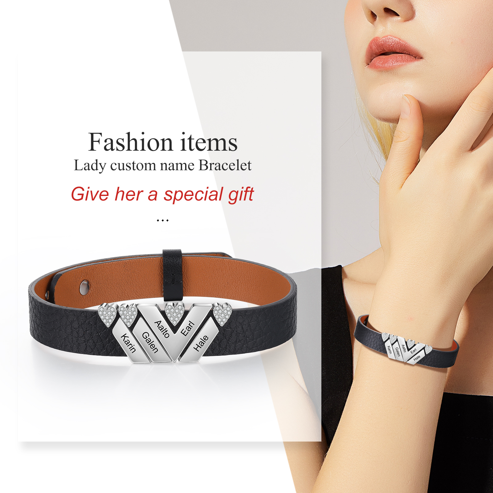 Customised Leather Bracelet with Beads Engraved 5 Names Bangle for Him-Jessemade AU