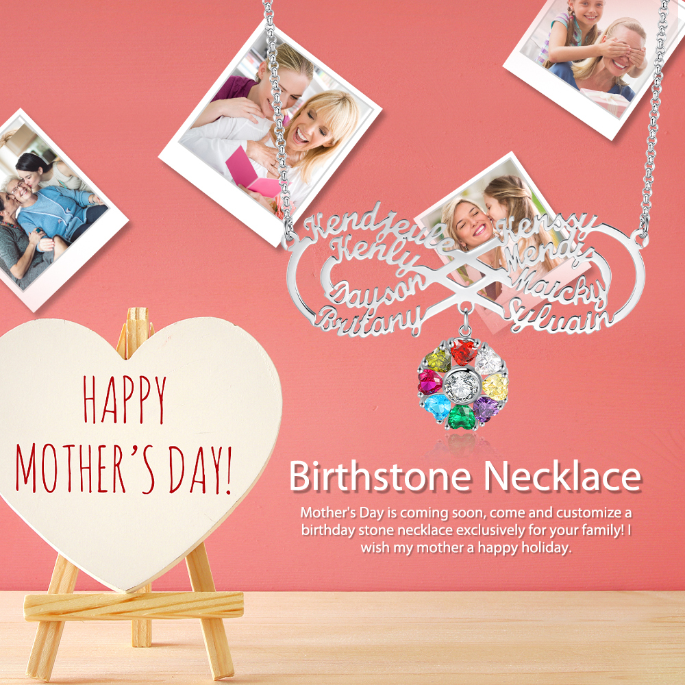 Personalised Infinity Necklace With 8 Birthstones Engraved Names Necklace Gift For Women-Jessemade AU