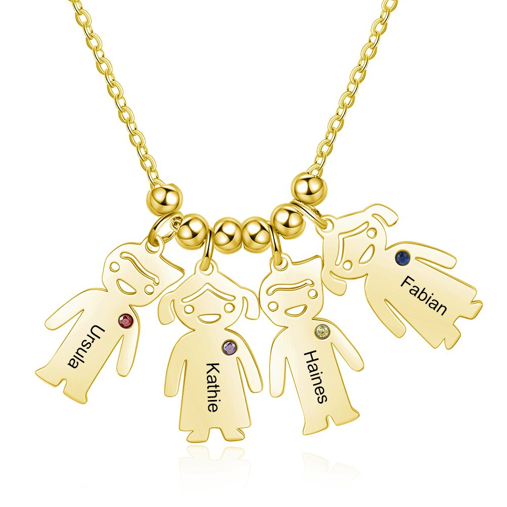 Personalised Kids Charm Necklace With 4 Birthstones Engraved Names Gift For Mother-Jessemade AU