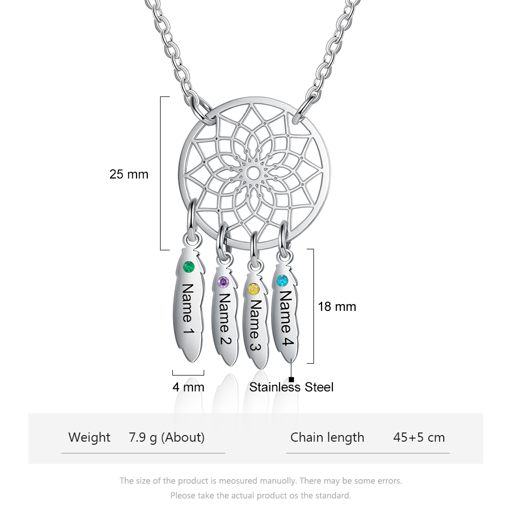 Personalised Dream Catcher Necklace With 4 Birthstones Engraved Names Gift For Women-Jessemade AU