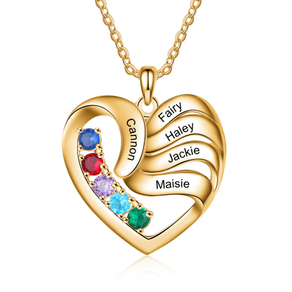 Personalised Heart Necklace With 5 Birthstones Engraved Names Family Necklace Gifts for Her-Jessemade AU