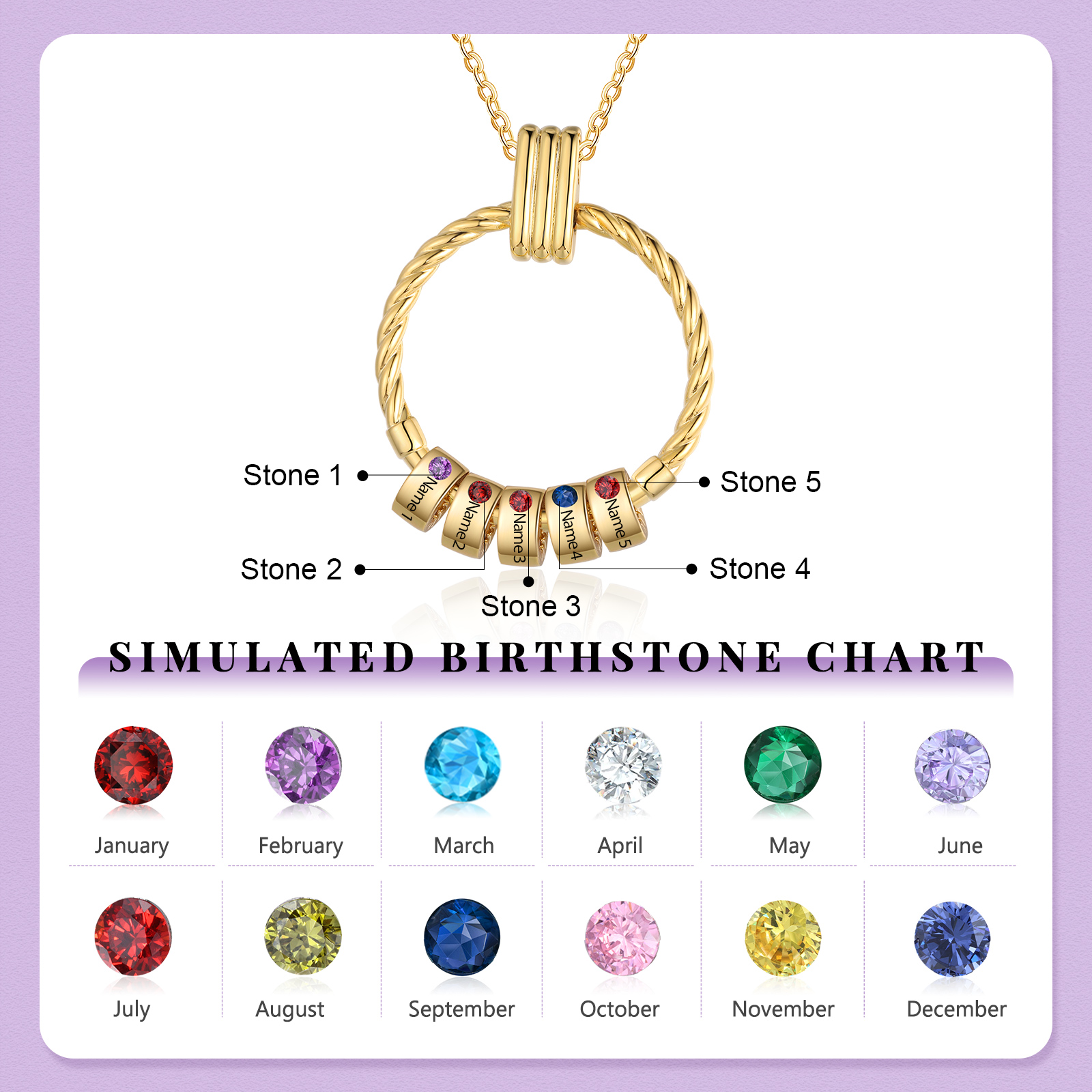 5 Names - Personalised Circle Pendant Necklace Custom Birthstones & Names Necklace Birthday Gift for Her-Jessemade AU