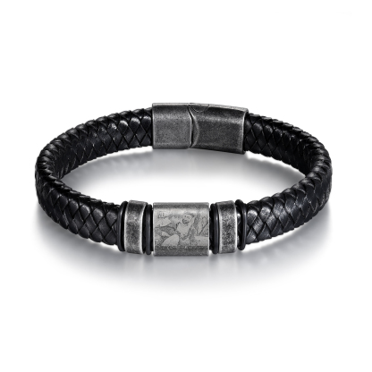 2 Names - Personalised Men's Leather Braided Bracelet Customised Name & Photo Bracelet Vintage Gift for Him-Jessemade AU