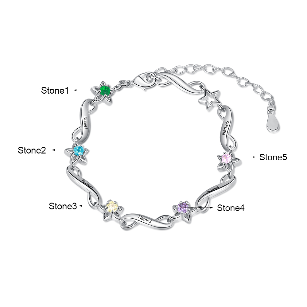 Personalised Star Bracelet With 5 Birthstones Engraved Names Bracelet Gift For Women-Jessemade AU