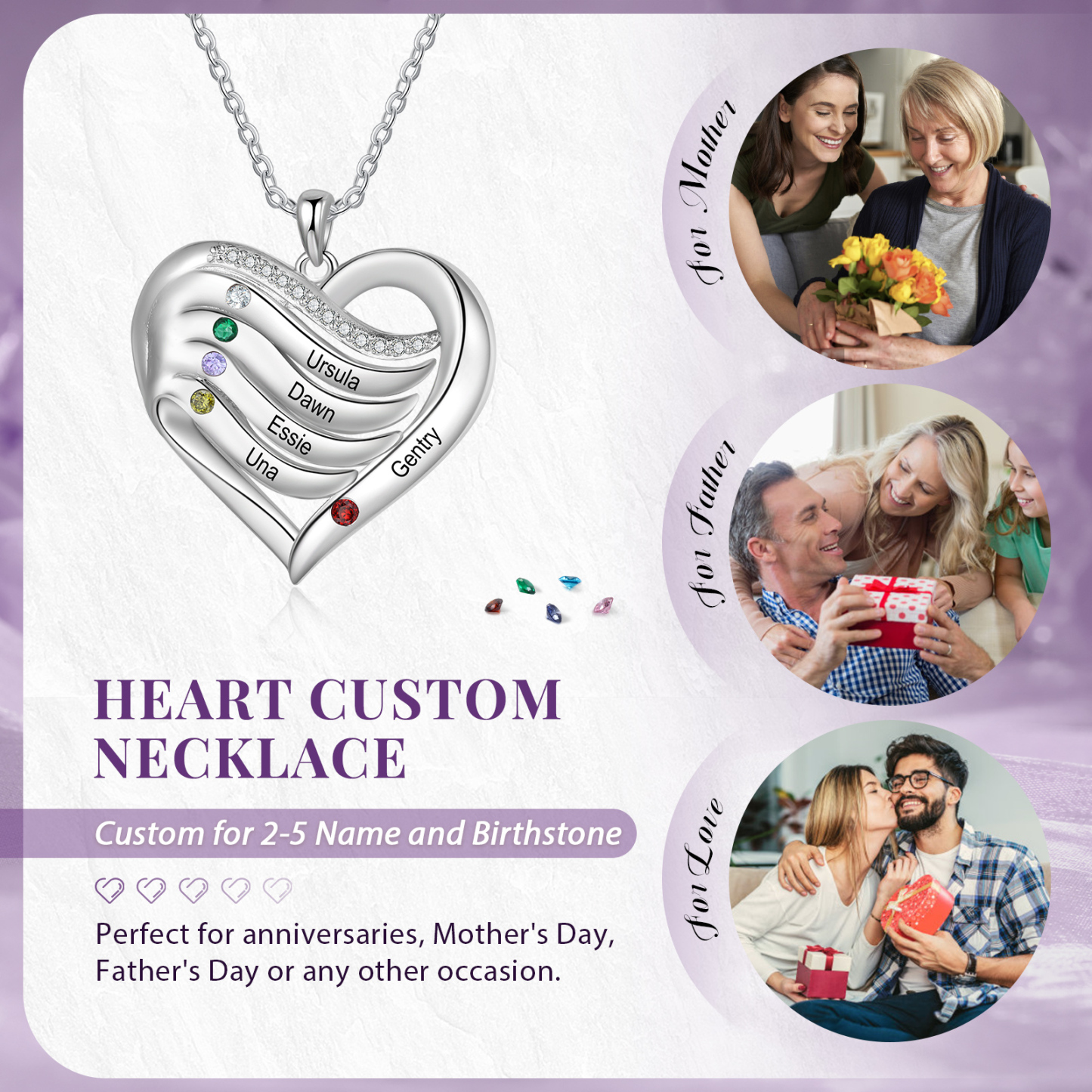 Personalised Intertwined Heart Pendant Necklace Custom 5 Birthstones & 5 Names Necklace Gifts for Her-Jessemade AU