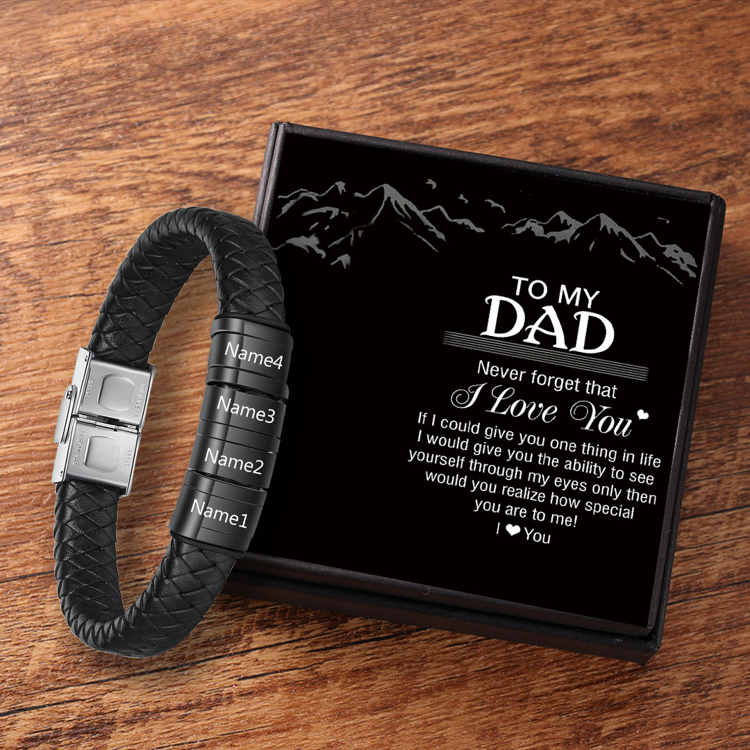 Men Leather Braided Bracelet Personalised with 4 Names 4 Beads Gift For Father's Day-Jessemade AU