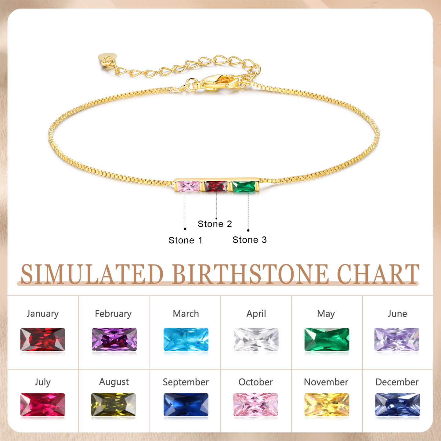 Custom 3 Birthstones Bracelet Gold Adjustable Bracelet Personalised Birthday Gift for Her-Jessemade AU