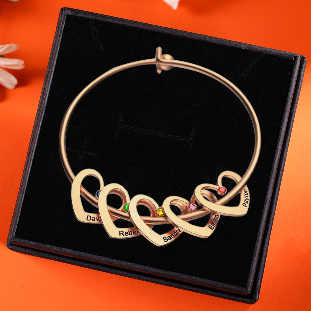 Personalised Heart Bangle With 4 Names and Birthstones Bangle Bracelet Mother's Day Gifts For women-Jessemade AU