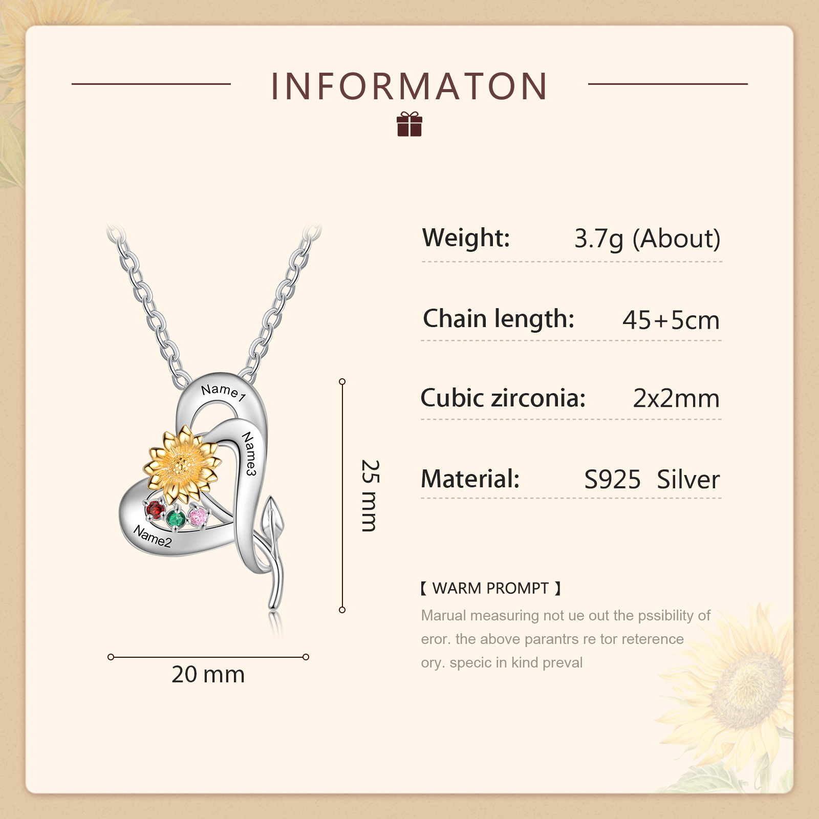 Personalised Sunflower Necklace With 3 Birthstones Engraved Names Necklace Gift For Women-Jessemade AU