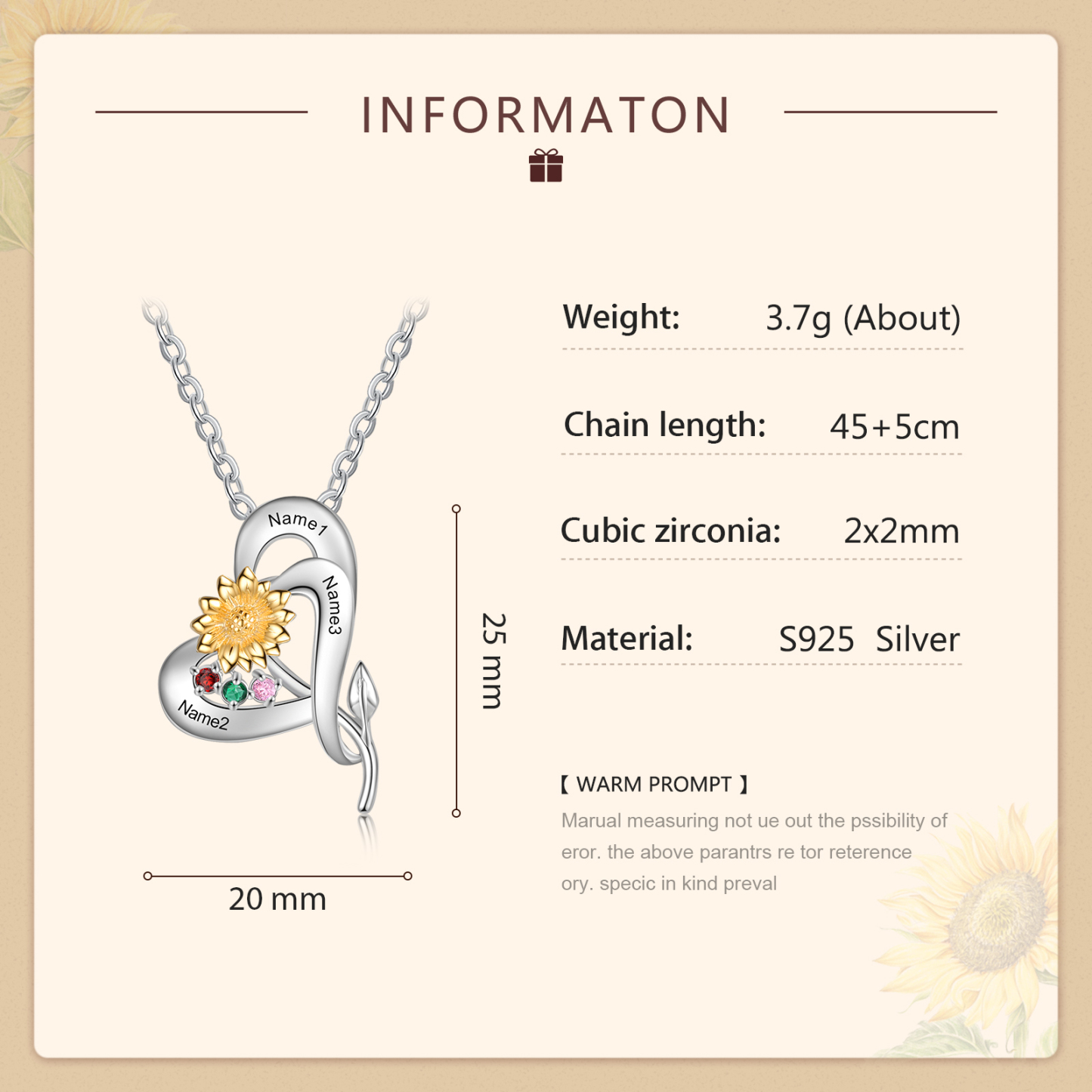 Personalised Sunflower Necklace With 3 Birthstones Engraved Names Necklace Gift For Women-Jessemade AU