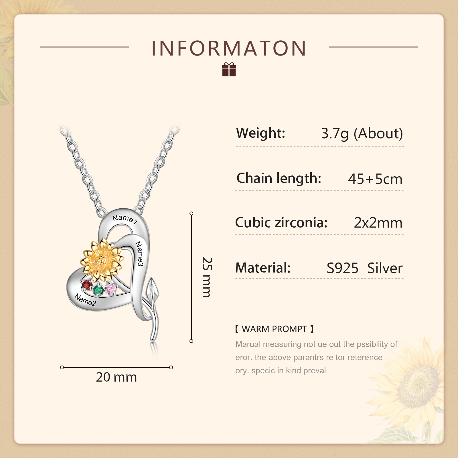 Personalised Sunflower Necklace With 3 Birthstones Engraved Names Necklace Gift For Women-Jessemade AU