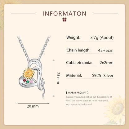 Personalised Sunflower Necklace With 3 Birthstones Engraved Names Necklace Gift For Women-Jessemade AU