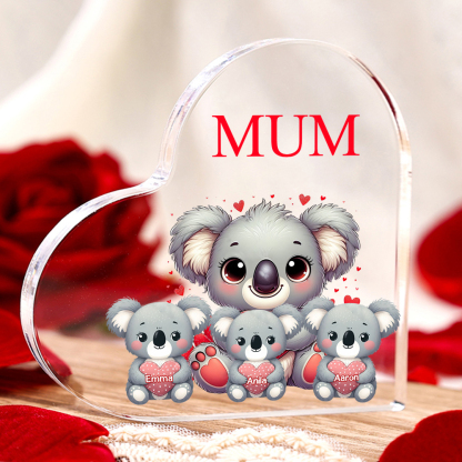 Personalised Acrylic Heart Keepsake Custom 1 Text & 3 Names Ornament Koala Family Gifts for Mother/Grandma-Jessemade AU