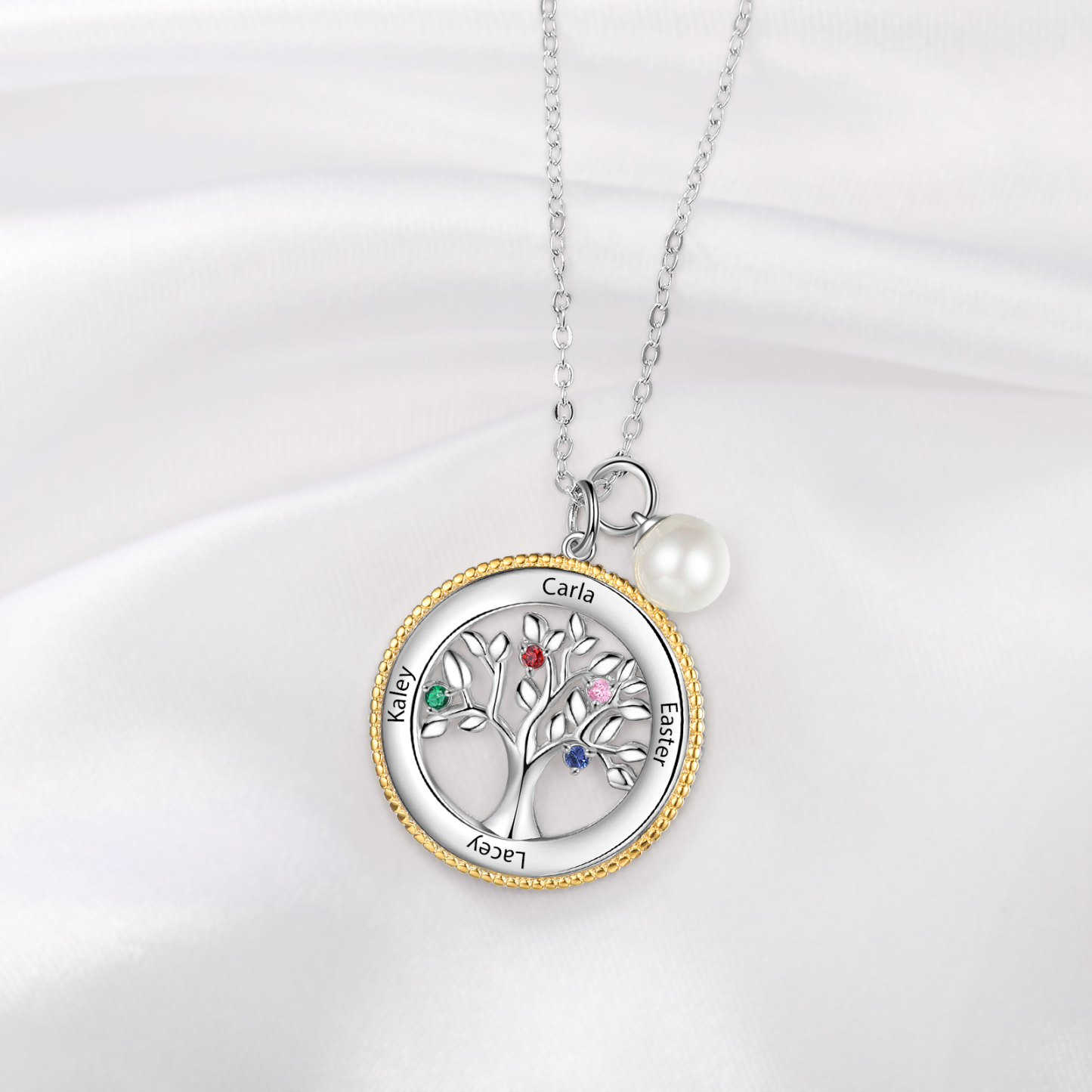 Personalised Family Tree Necklace With 4 Birthstones Engraved Names Necklace Gift For Women-Jessemade AU