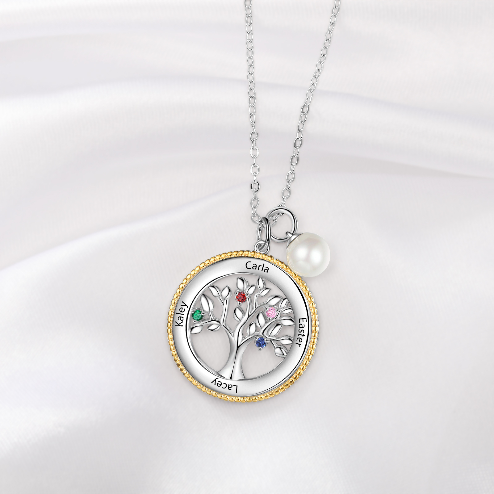 Personalised Family Tree Necklace With 4 Birthstones Engraved Names Necklace Gift For Women-Jessemade AU