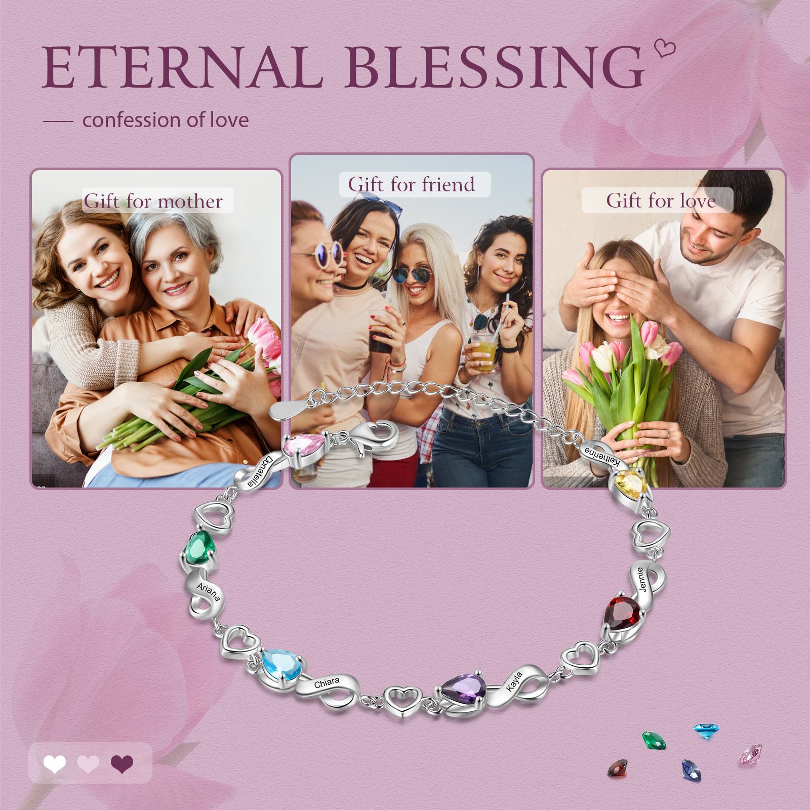 Personalised 6 Birthstones Heart Bracelet Engraved Names Bracelet Gifts For Women-Jessemade AU