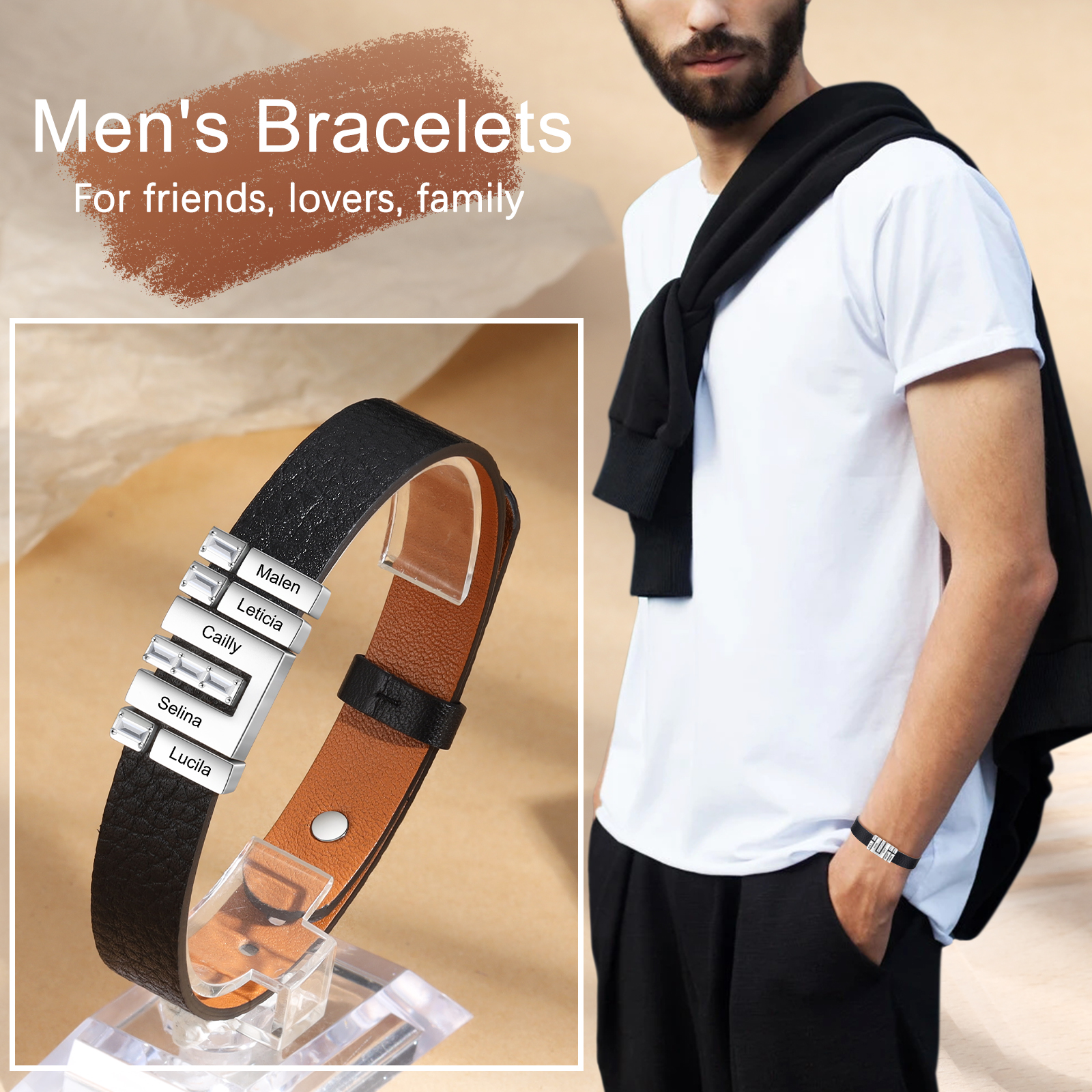 Customised Leather Bracelet with Beads Engraved 5 Names Bangle for Him-Jessemade AU