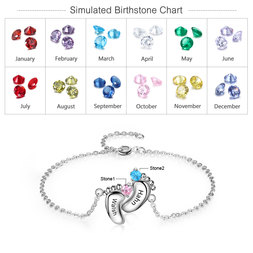 Personalised Baby Foot Bracelet With 2 Birthstones Engraved Names Gift For Mother-Jessemade AU