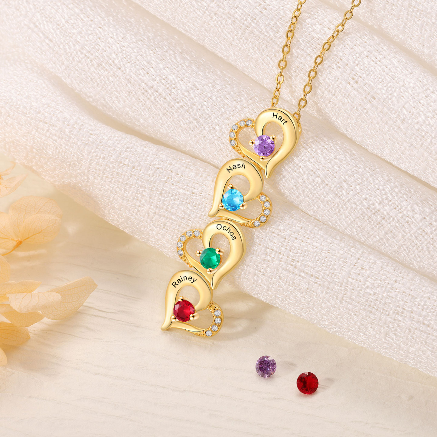 4 Names - Personalised Heart Pendant Necklace Custom Birthstones & Names Necklace Birthday Gift for Her-Jessemade AU