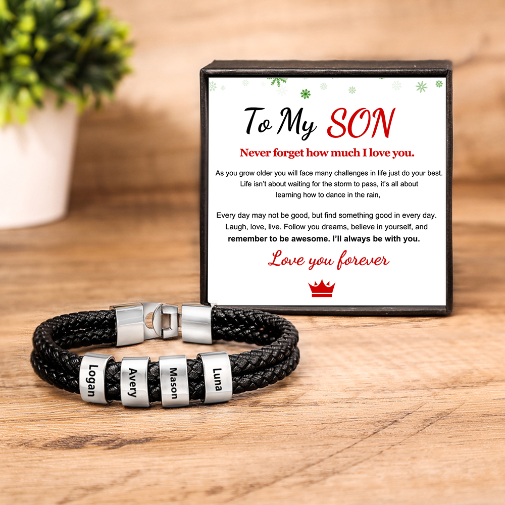 Personalised Braided Leather Bracelet Engraved 4 Names Men's Bracelet for Him-Jessemade AU