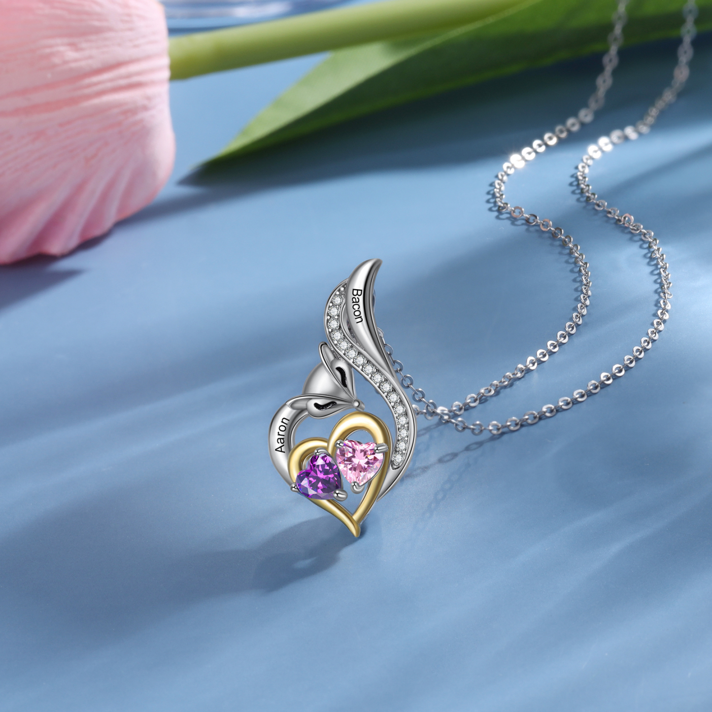 Personalised Heart Fox Necklace with Birthstone Engraved Name Gifts for Her-Jessemade AU