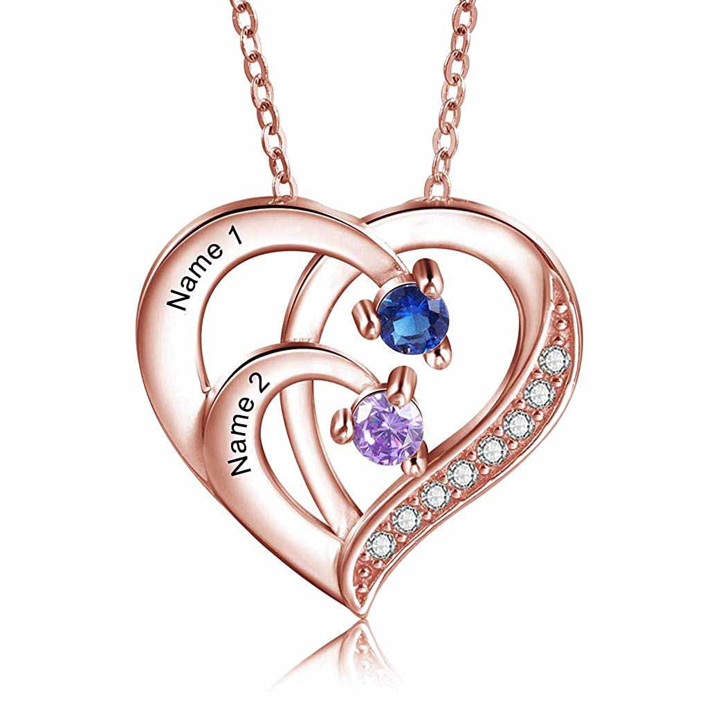 Personalised Mother Necklace Engraved 2 Names 2 Birthstone Intertwined Heart Pendant