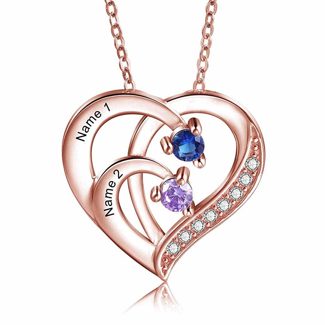 Personalised Mother Necklace Engraved 2 Names 2 Birthstone Intertwined Heart Pendant