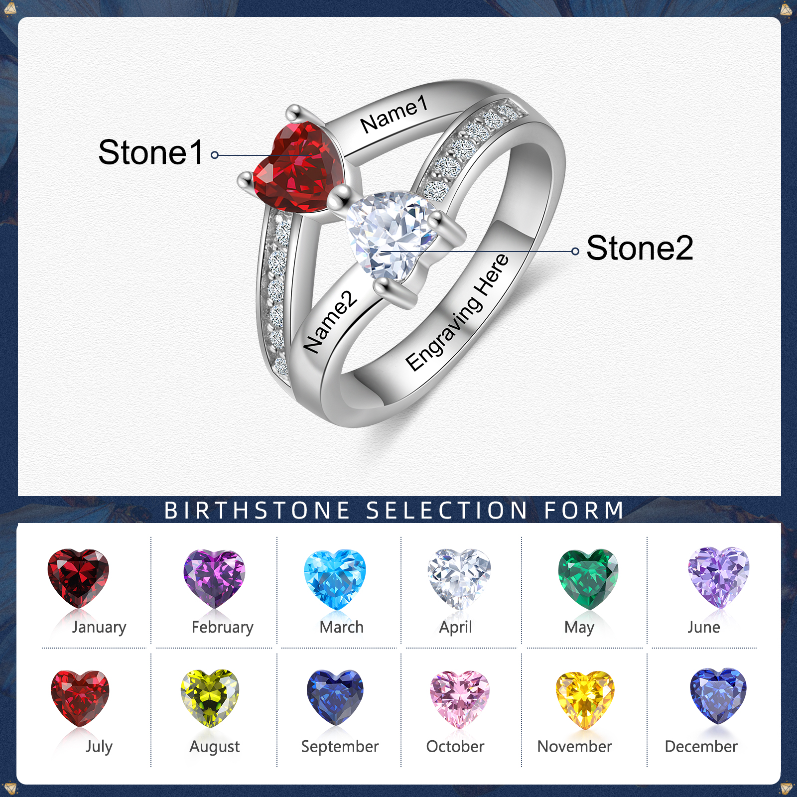 Personalised Birthstone Mother Ring Engraved 2 Names Birthstones Ring Gifts for Women-Jessemade AU