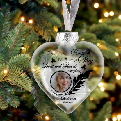 Heart-shaped Memorial Christmas Ornaments Custom Name & Date & Photo Feather Ornament Commemorate Deceased Loved Ones-Jessemade AU