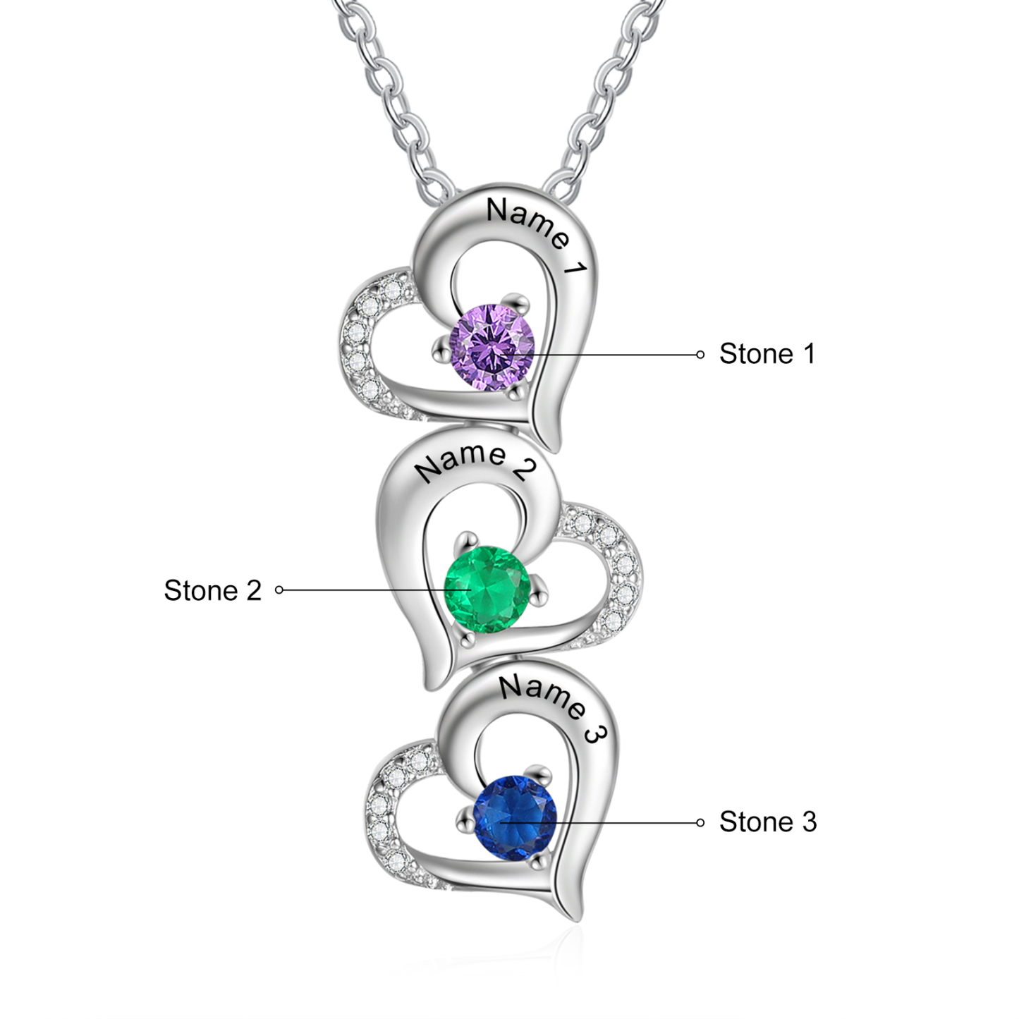 Personalised Heart Necklace With 3 Birthstones Engraved Names Gift For Her-Jessemade AU