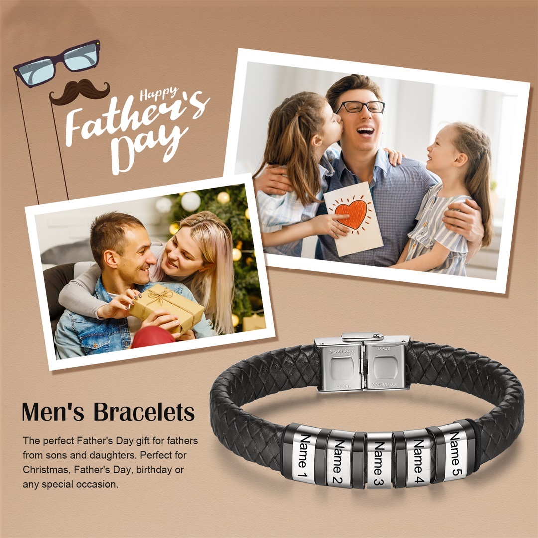 Men Leather Braided Bracelet Personalised with 5 Names 5 Beads Gift For Father's Day-Jessemade AU