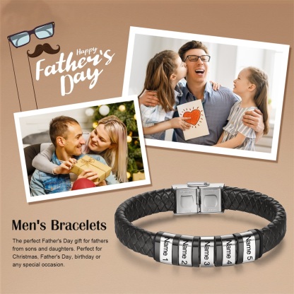 Men Leather Braided Bracelet Personalised with 5 Names 5 Beads Gift For Father's Day-Jessemade AU