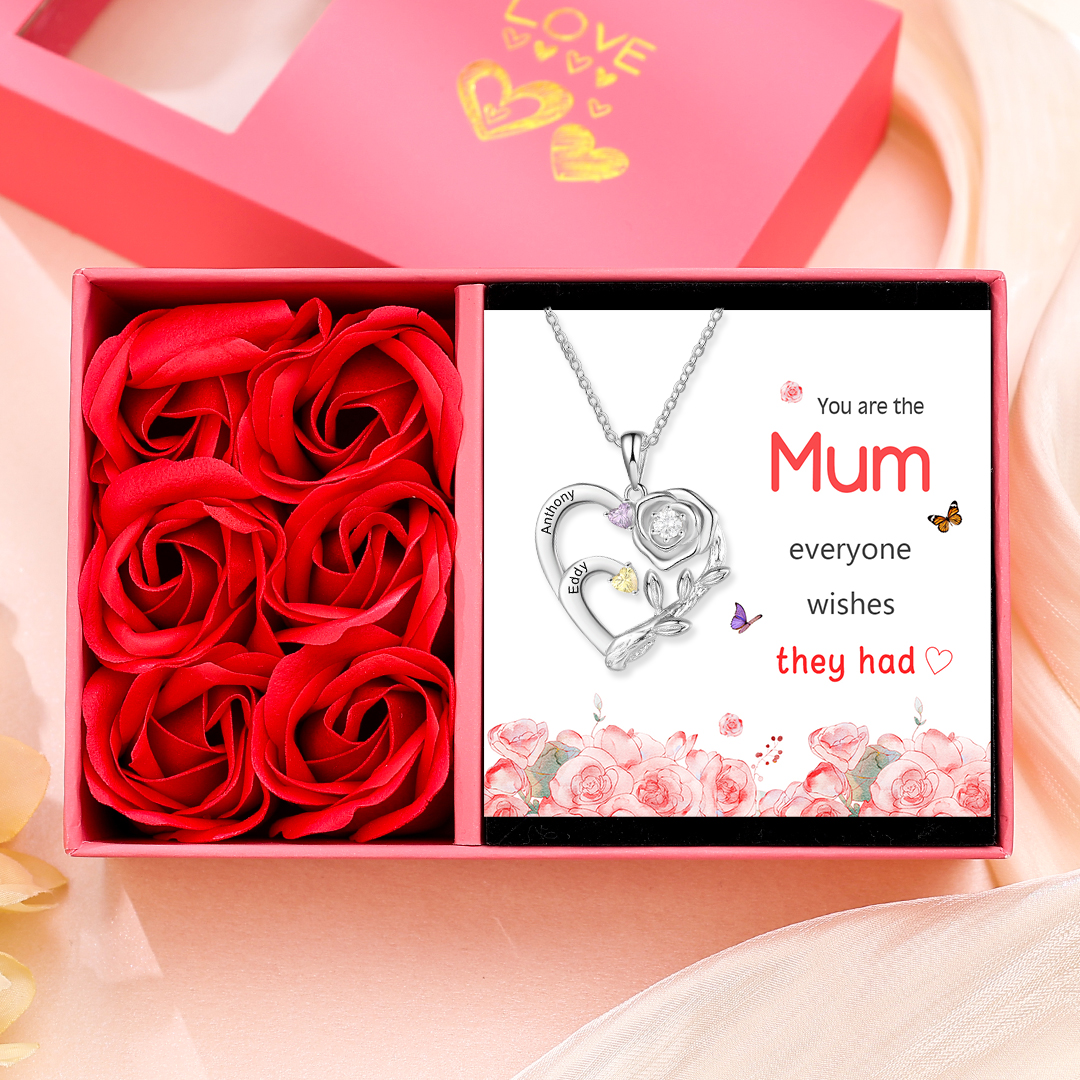 Personalised Mother Rose Necklace 2 Stones Engraved 2 Names Birthstone Intertwined Heart Pendant for Mum-Jessemade AU
