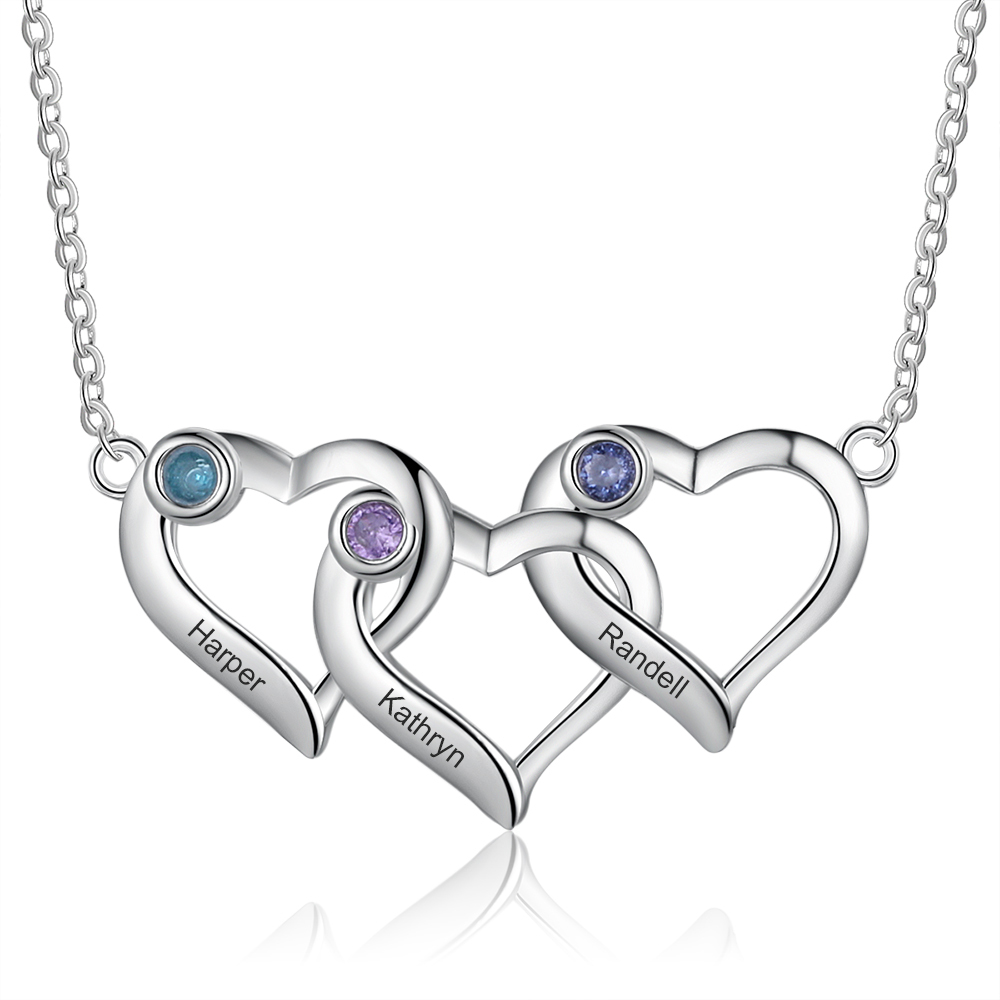Personalised Heart Necklace With 3 Birthstones Engraved Names Gift For Her-Jessemade AU