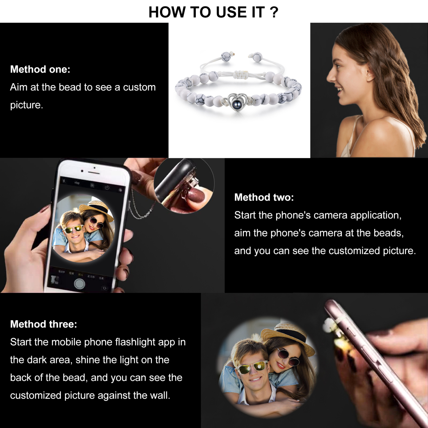 Personalised Projection Beaded Bracelet Customised Photo Bracelet White Adjustable Bracelet Personalised Gift for Couples-Jessemade AU