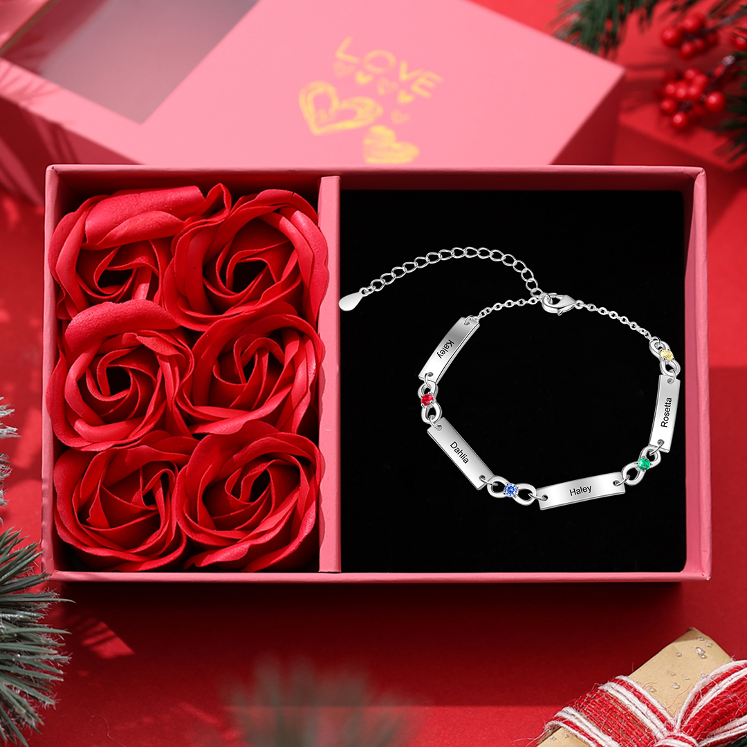 Personalised Bracelet With 4 Birthstones Engraved Names Bracelet Gift For Women-Jessemade AU