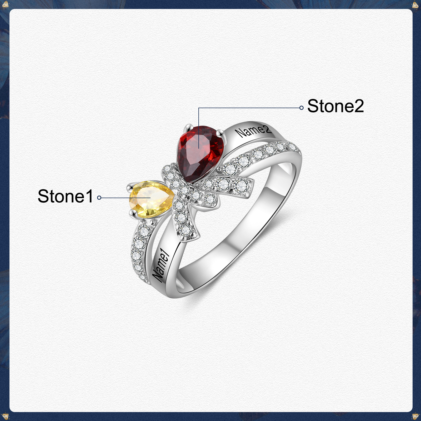Personalised Butterfly Ring With 2 Birthstones Engraved Names Ring Gifts For Her-Jessemade AU