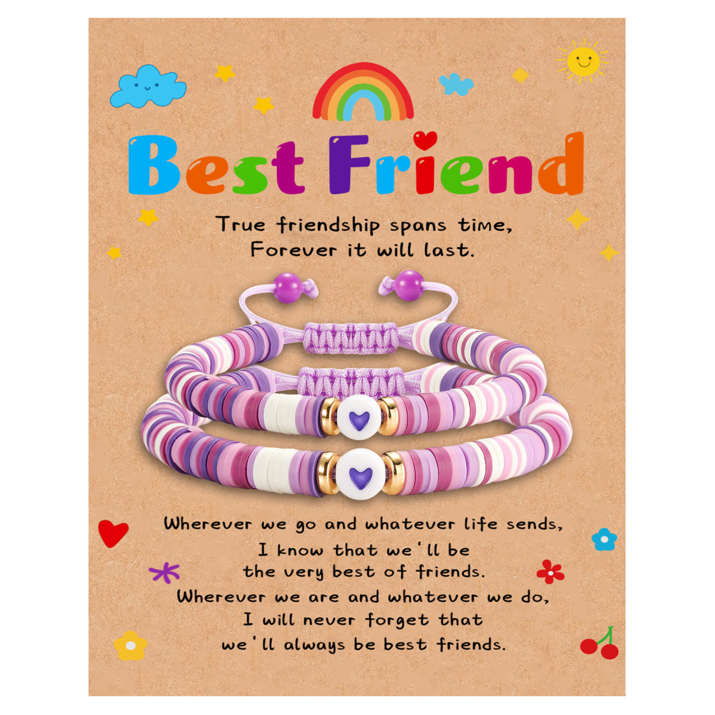 2 Pcs Bracelet Set Colourful Beaded Adjustable Bracelets with Message Card Gifts for Her - True Friendship Spans Time, Forever It Will Last-Jessemade AU