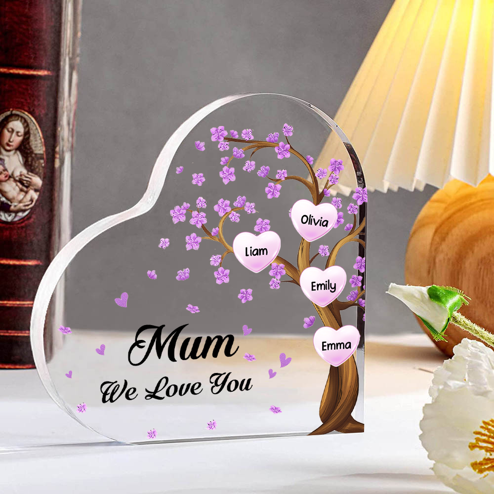 4 Names - Personalised Acrylic Heart Keepsake Custom Text Purple Flowers Tree Ornaments Gifts for Grandma/Mother-Jessemade AU