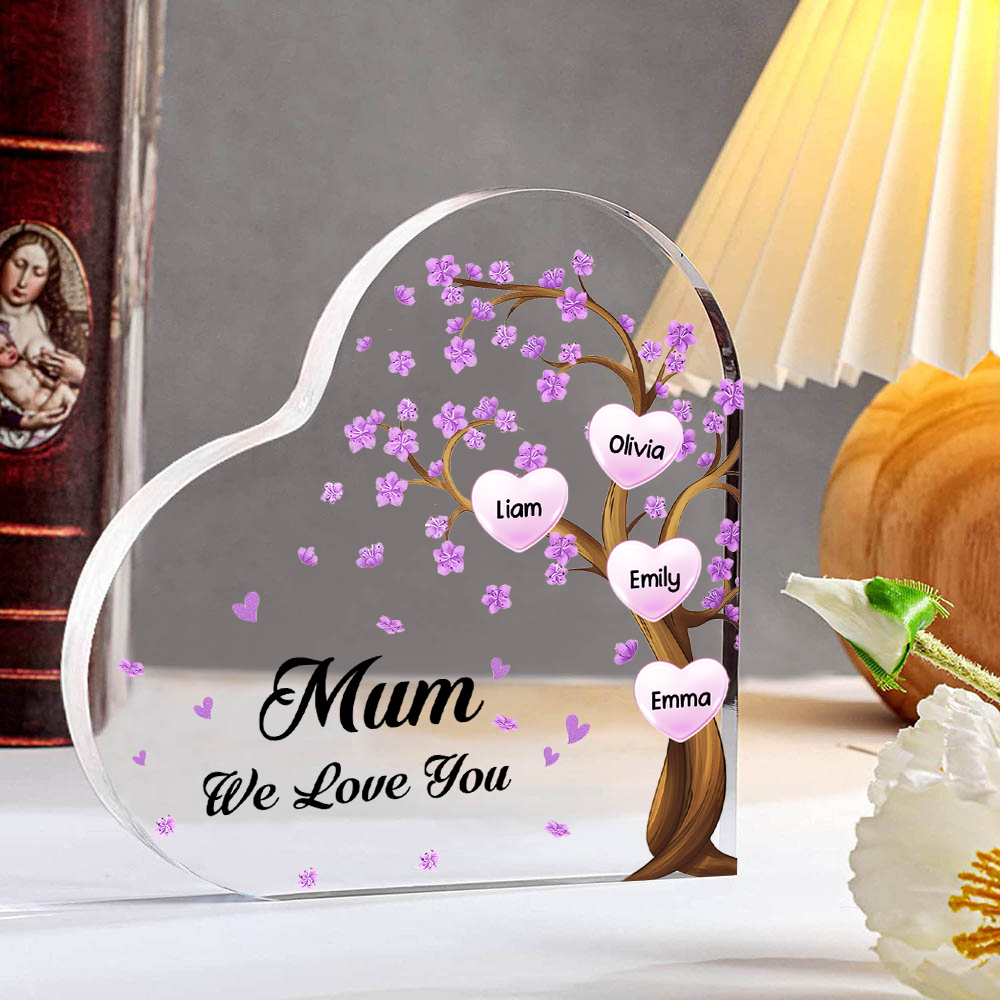 4 Names - Personalised Acrylic Heart Keepsake Custom Text Purple Flowers Tree Ornaments Gifts for Grandma/Mother-Jessemade AU