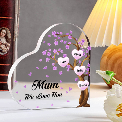 4 Names - Personalised Acrylic Heart Keepsake Custom Text Purple Flowers Tree Ornaments Gifts for Grandma/Mother-Jessemade AU