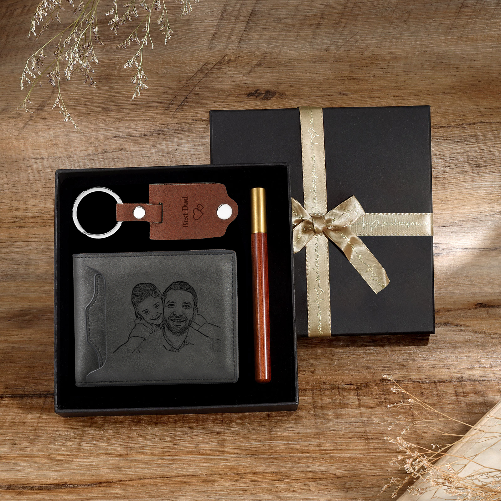Personalised 2 Texts & 2 Photos & 1 Name & 1 Letter Gift Set Custom Wallet & Keychain & Pen Gift Box Set Father’s Day Gift-Jessemade AU