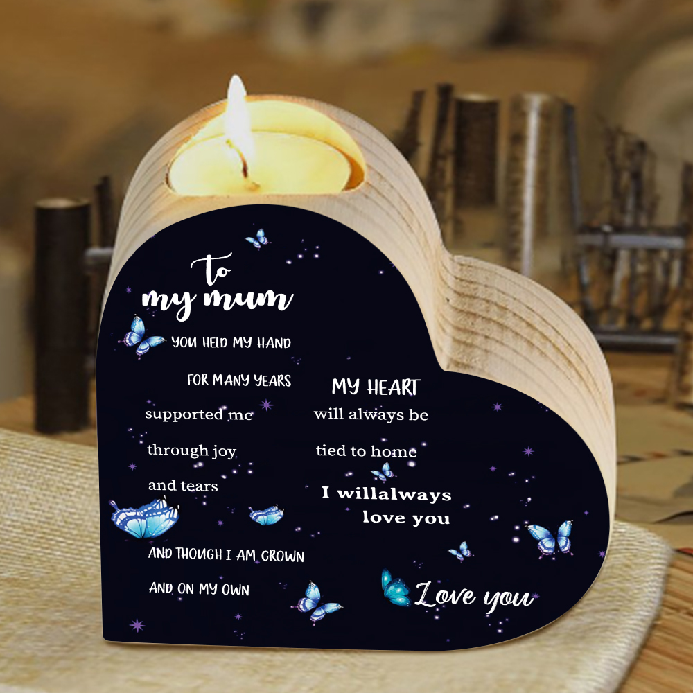 To My Mum - Wooden Heart Candle Holder Butterfly Candlesticks "My Heart Will Always Be Tied To Home" Gifts For Mother-Jessemade AU