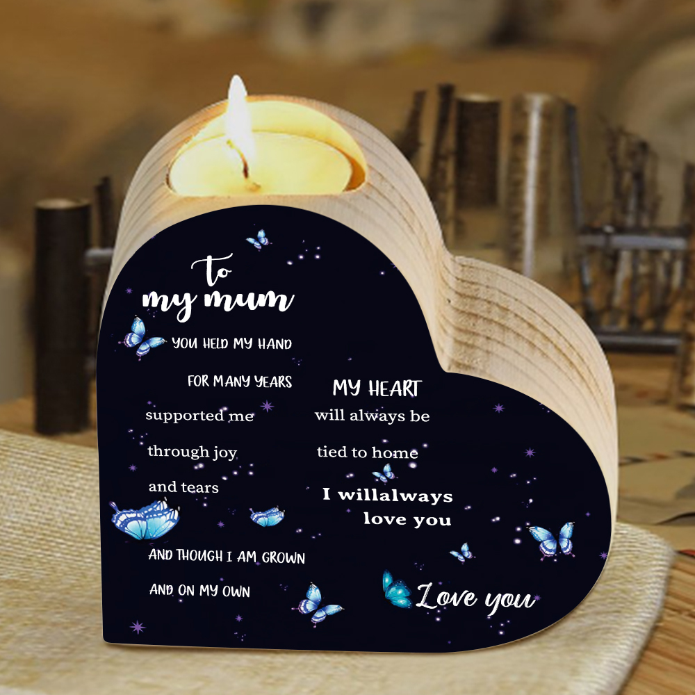 To My Mum - Wooden Heart Candle Holder Butterfly Candlesticks "My Heart Will Always Be Tied To Home" Gifts For Mother-Jessemade AU