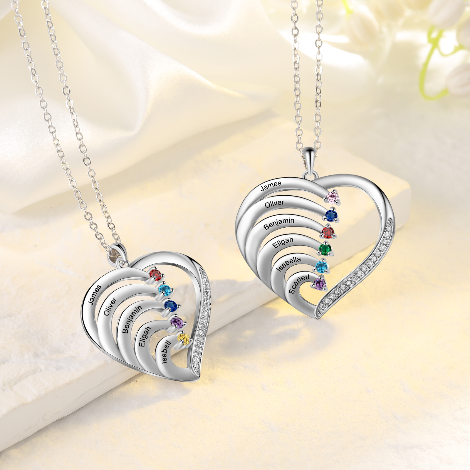 Personalised Mother Necklace 6 Stones Engraved 6 Names Birthstone Intertwined Heart Pendant Gifts for Her-Jessemade AU