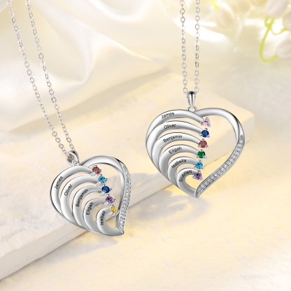 Personalised Mother Necklace 6 Stones Engraved 6 Names Birthstone Intertwined Heart Pendant Gifts for Her-Jessemade AU